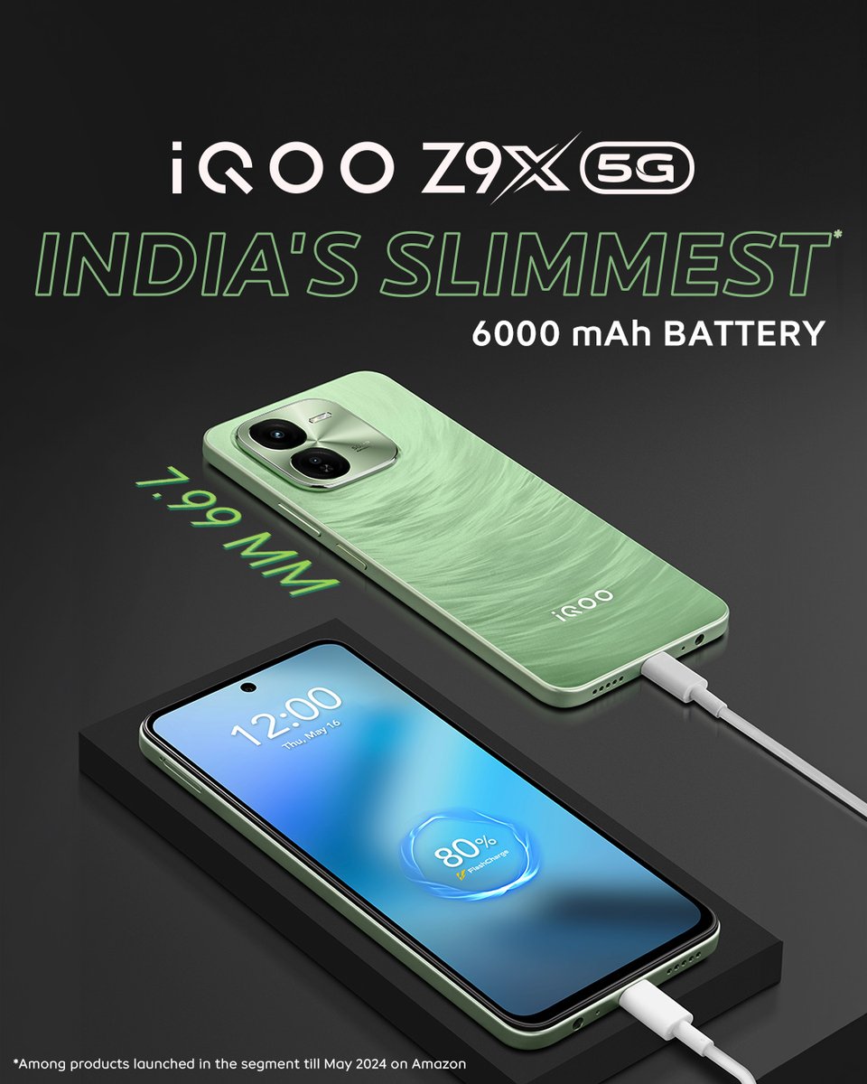 Meet the #iQOOZ9x, featuring India’s slimmest 6000mAh battery housed in just 7.99mm slimness, enjoy all-day power without compromising on style 🔋🌟 Starting at just ₹11,999* @amazonIN *T&C Apply #iQOO #iQOOZ9x #FullDayFullyLoaded