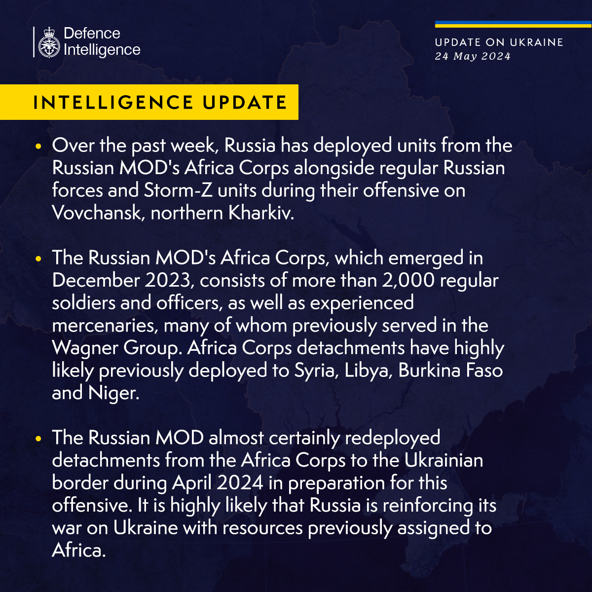 Latest Defence Intelligence update on the situation in Ukraine – 24 May 2024. Find out more about Defence Intelligence's use of language: ow.ly/a2K550RTSoa #StandWithUkraine 🇺🇦