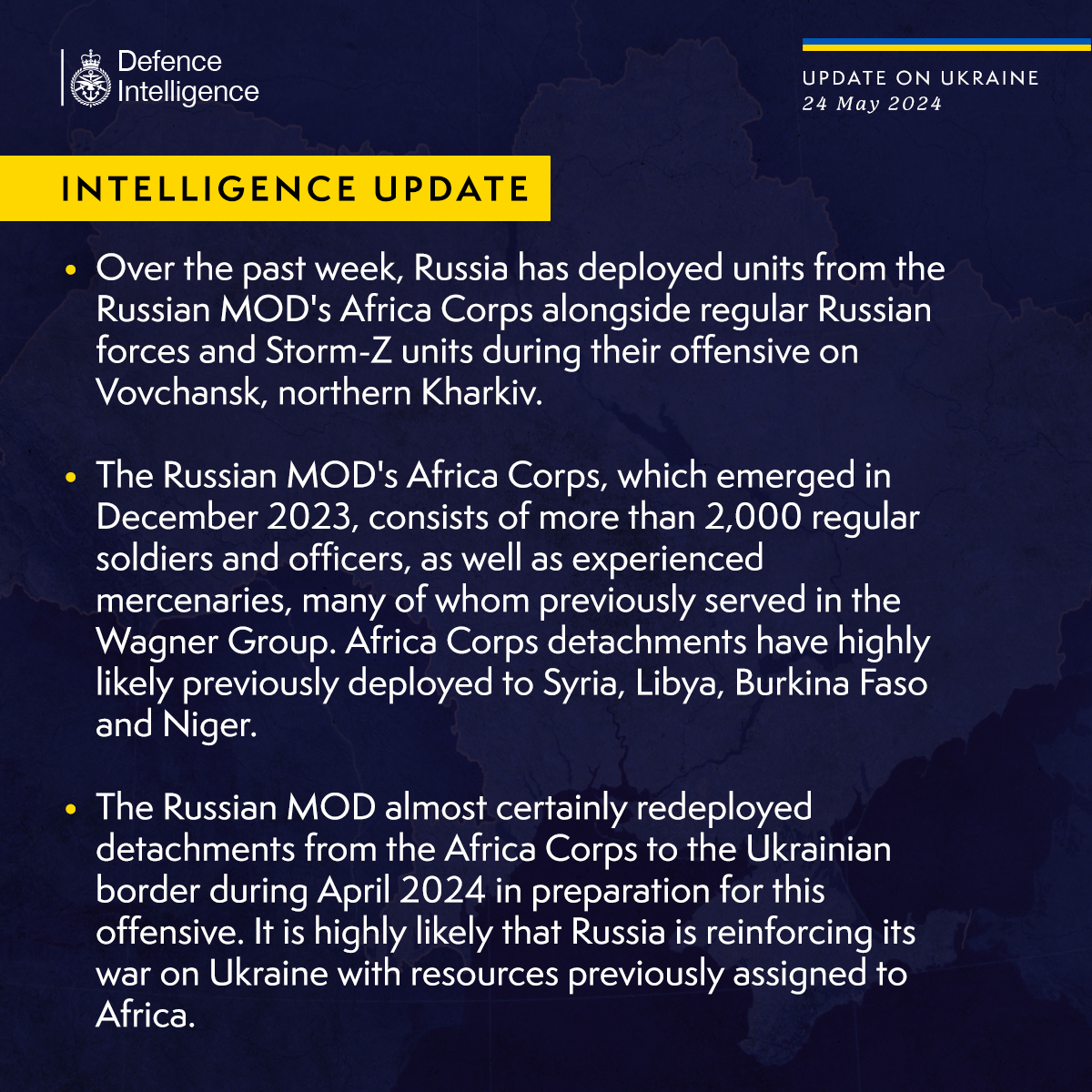 Over the past week, Russia has deployed units from the Russian MOD's Africa Corps alongside regular Russian forces and Storm-Z units during their offensive on Vovchansk, northern Kharkiv. The Russian MOD's Africa Corps, which emerged in December 2023, consists of over 2,000 regular soldiers and officers, as well as experienced mercenaries, many of whom previously served in the Wagner Group. Africa Corps detachments have highly likely previously deployed to Syria, Libya, Burkina Faso and Niger. The Russian MOD almost certainly redeployed detachments from the Africa Corps to the Ukrainian border during April 2024 in preparation for this offensive. It is highly likely that Russia is reinforcing its war on Ukraine with resources previously assigned to Africa.
