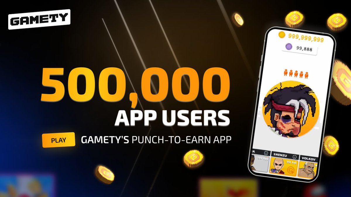 gametyio's tweet photo. 🤩500,000 Users in Gamety's  Telegram App! 🎉  

Join the excitement and earn your share of 8 million $GTY tokens with our Punch-to-Earn Game. 🎮  

Have you participated in our Airdrop Events? 
Get them while they last! 👀  

Thank you for being part of our amazing community!

#Gamety #PunchToEarn #CryptoGaming