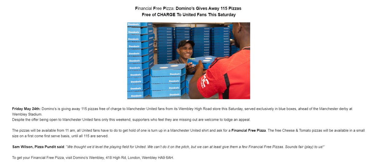 Domino's Pizza is giving away 115 (cough, cough) free pizzas before the FA Cup final. The offer is only open to United fans... 🍕 #mufc
