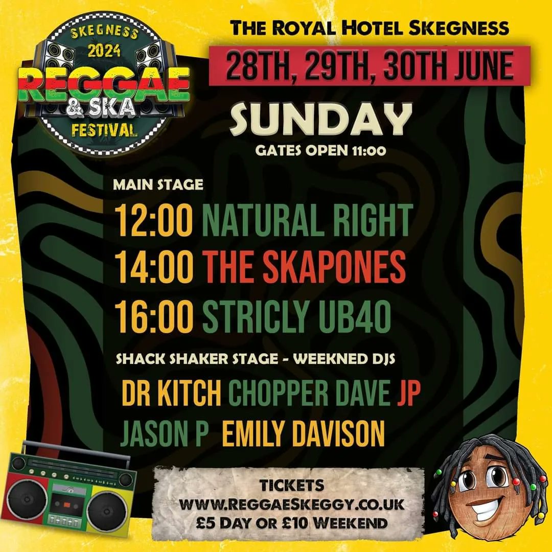 Can't wait to play this. The Skegness Ska & Reggae Festival 2024! 💛💛💚💚♥️♥️ Please secure your tickets online at reggaeskeggy.co.uk Tickets: £5 per day or £10 all weekend * Under 18s GO FREE but must be accompanied by paying adult over 21