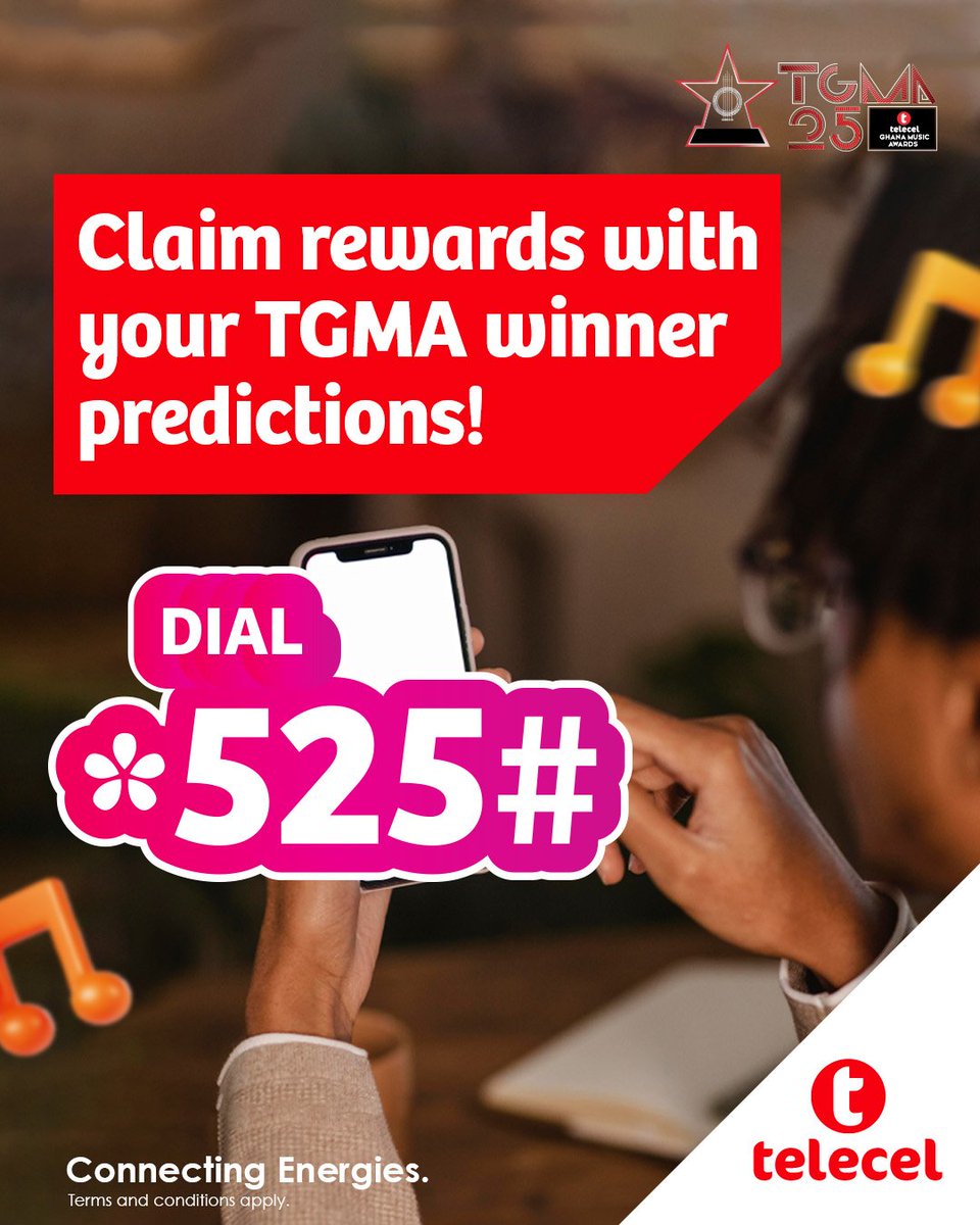 Unlock Rewards with your insights! Dial *525# to predict TGMA winners and claim your prize. #Telecel #ConnectingEnergies #25thTGMA