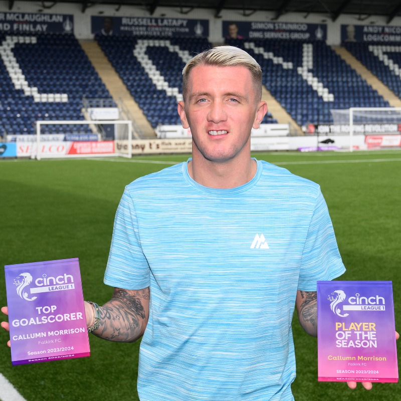 FalkirkFC's tweet photo. 🏆 More congratulations are in order as Callumn Morrison has been named @SPFL cinch League 1 Player of the Season!

⚽️ Callumn also picked up his League 1 Top Goalscorer award!

 👏 Congrats, Cal!