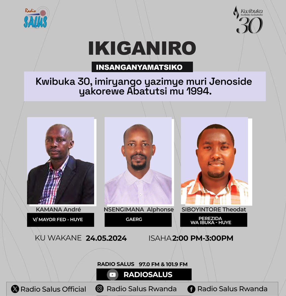 Kuva 14:00- 15:00 turabagezaho ikiganiro ku #Kwibuka30 imiryango yazimye muri Jenoside yakorewe Abatutsi mu 1994.
<a href="/Unity_MemoryRw/">Ministry of National Unity and Civic Engagement</a> <a href="/HuyeDistrict/">Huye District</a> <a href="/RwandaSouth/">Southern Province | Rwanda</a>