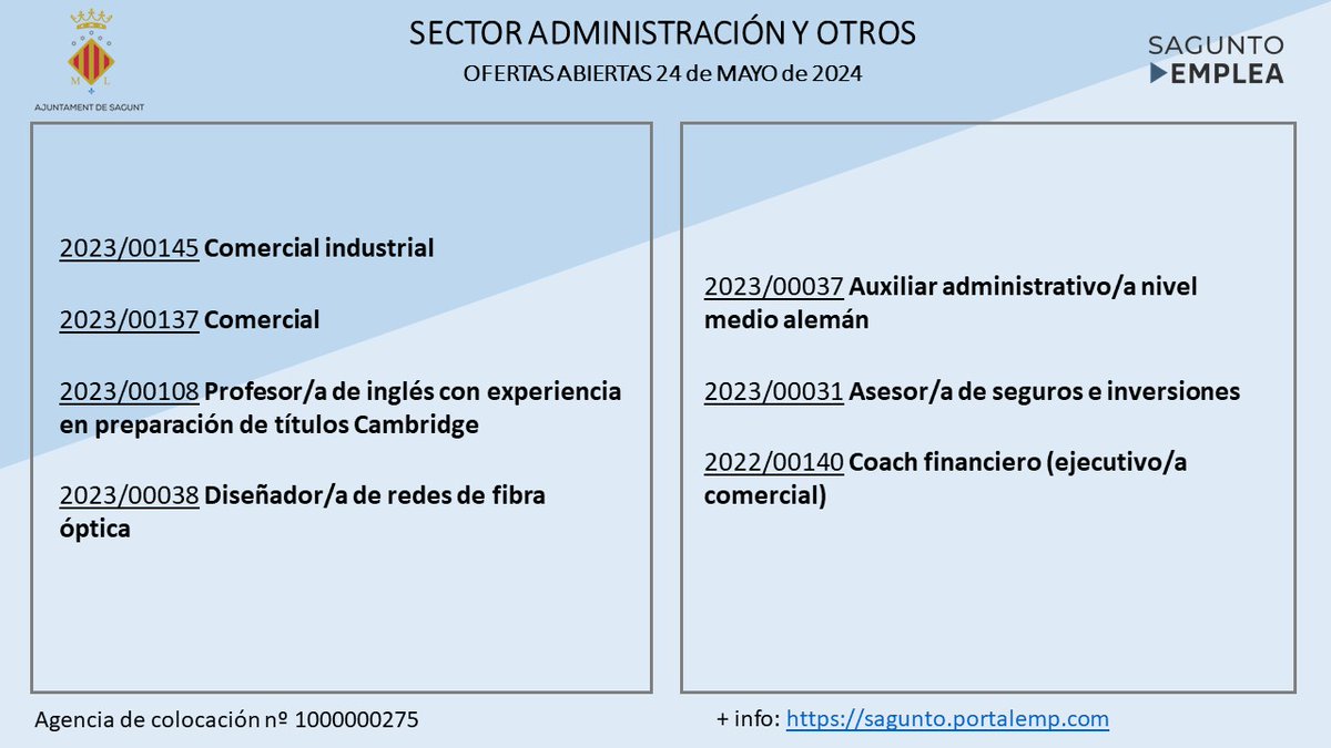 #SaguntoEmplea Os recordamos las ofertas de empleo que continúan abiertas. Más información en: sagunto.portalemp.com

------

#SaguntoEmplea Us recordem les ofertes d'ocupació que continuen obertes. Més informació en: sagunto.portalemp.com
@dariomlerga @PalmeroPRaul