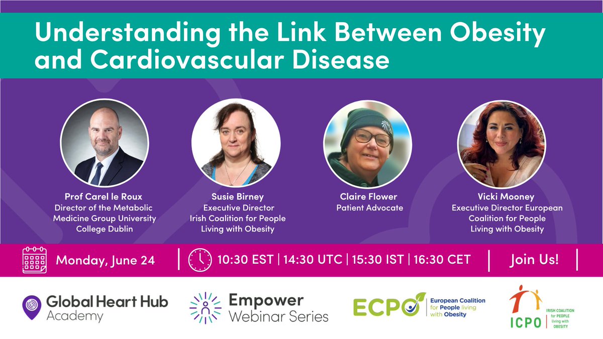 Register now for our Empower webinar with @ICPObesity and @ECPObesity: Understanding the Link Between #Obesity & #Cardiovascular Disease. ➡️ Monday, June 24 ➡️ 10:30 EST | 14:30 UTC | 15:30 IST | 16:30 CET ➡️ Zoom captions in 35+ languages ➡️ Register: bit.ly/3wP3hvy