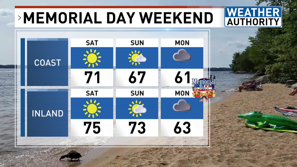 The trend of cooler, wetter weekends these past few weeks? ❌❌ CANCELLED for Memorial Day weekend with a pretty great forecast! Saturday and Sunday look stunning with sun and mild temps, Monday is cool and cloudy but likely not very wet until the evening. #mewx