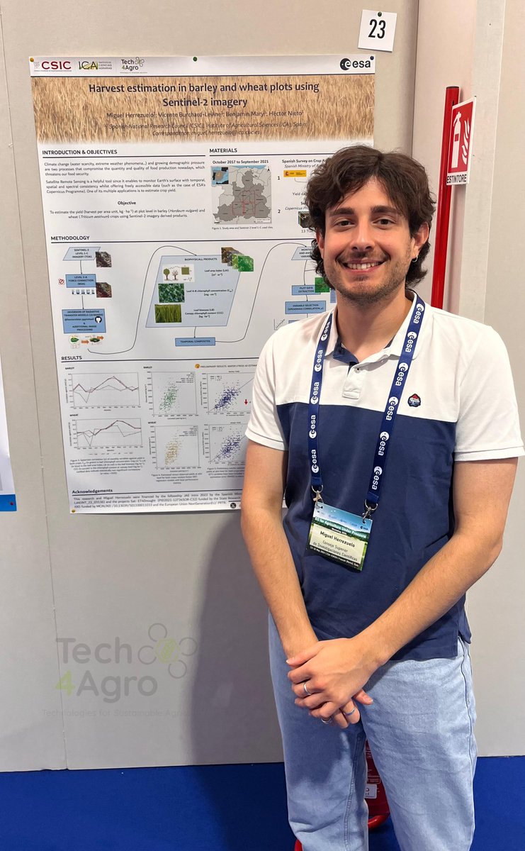 tec4agro's tweet photo. We were sharing our poster in EO for Agriculture Under Pressure 2024 Workshop @EO_OPEN_SCIENCE @esa. 
M. Herrezuelo, @51benjame, @vicenteburchard and @hn_sol with "Harvest estimation in #barley and #wheat plots using #Sentinel2 imagery". Congratulations!! 👏👏👏 @ICA_CSIC https://t.co/iihMhF8wgo