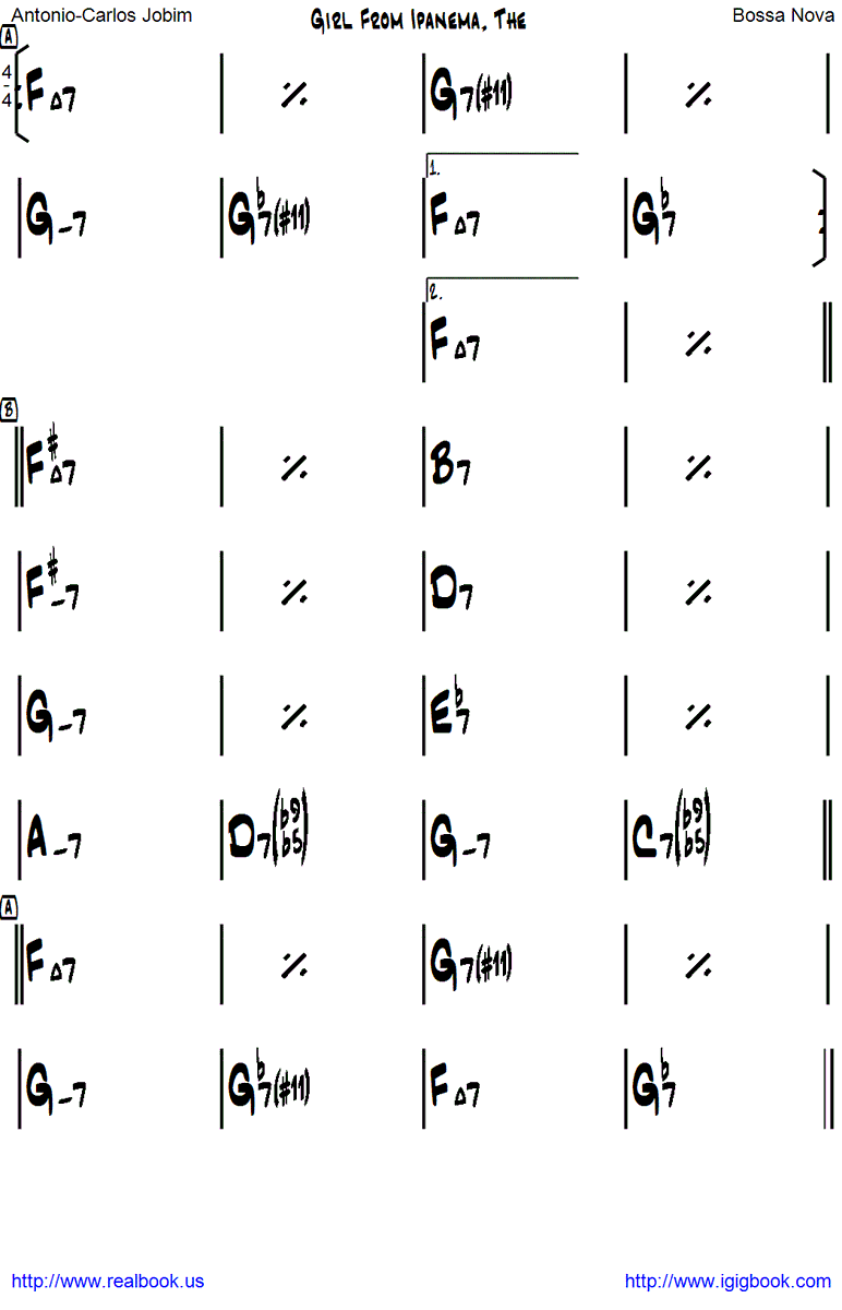 iGigBook's tweet photo. Chord Chart of the day
"The Girl From Ipanema" Antonio-Carlos Jobim
https://t.co/6uBal0ObFi
#realbook #igigbook #android #ios #ipad #ipadpro #ipadmini #chordchart #jazz #guitar #sax #piano #bass #trumpet #music #jazzstudies #transpose #keyboard #may #2024 https://t.co/nufei1i8u7