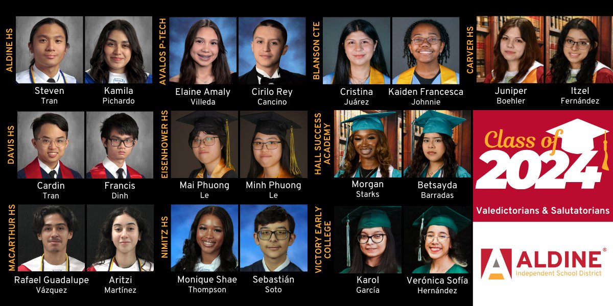 🎓 Exciting news! Aldine ISD announces the Class of 2024 Valedictorians and Salutatorians. 🏅 Check out the incredible achievements of our top students! Read more here: shorturl.at/mAasE #MyAldine