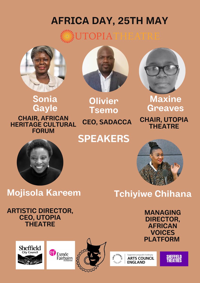 🥁 AFRICA DAY SPEAKERS ANNOUNCEMENT! Here are your speakers for tomorrow’s #AfricaDay celebrations at our Creative Hub! 🟢🟠⚫️🟣🔴 💃🏽🕺🏾Remember to bring colour and to wear African themed attire! Registrations are still open at utopiatheatre.co.uk/events