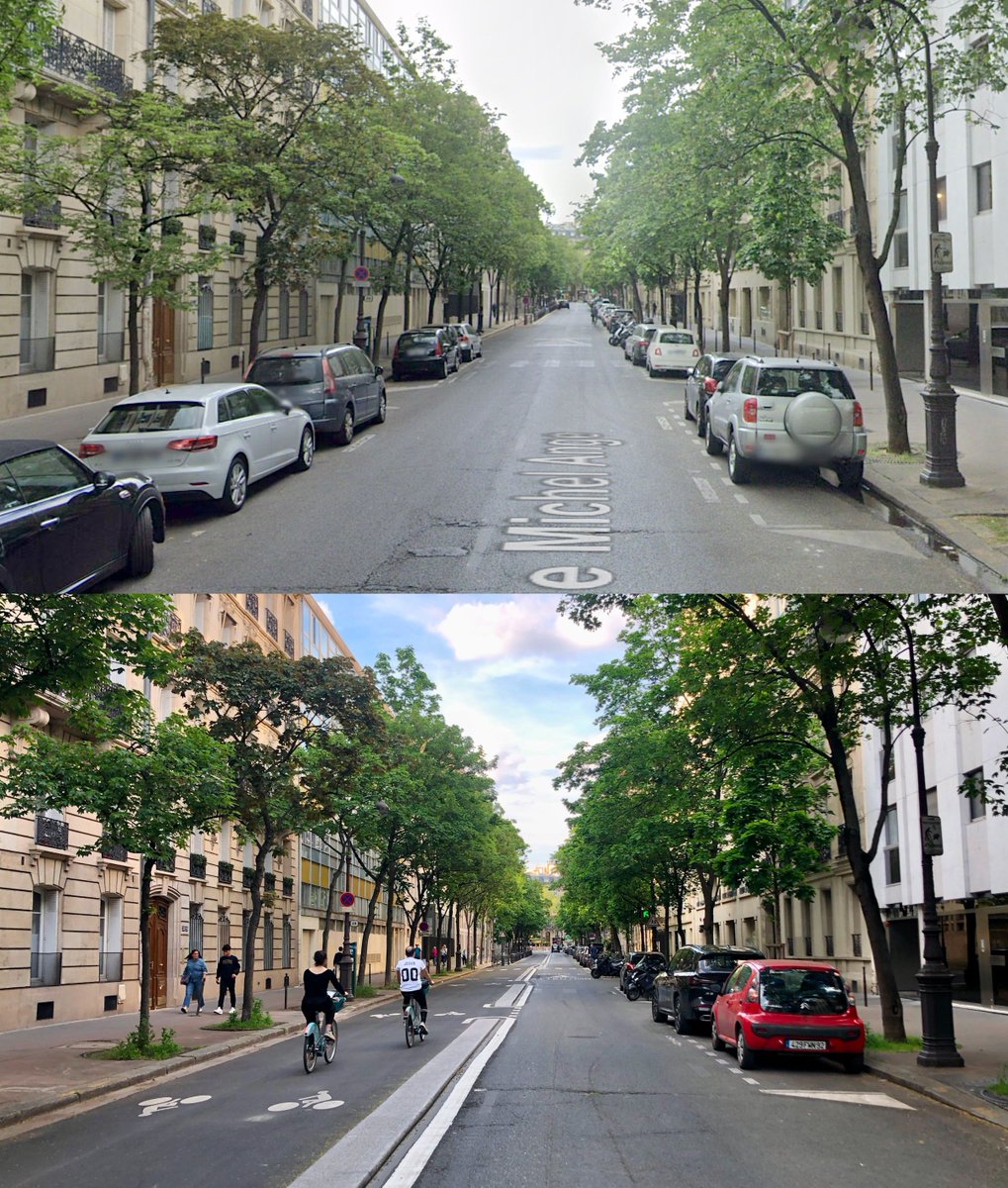 Avant / Après la piste cyclable Rue Michel Ange dans le 16ème arrondissement de Paris. Elle est sur la place d'une file de places de stationnement et la rue est passée de deux voies générales à une.