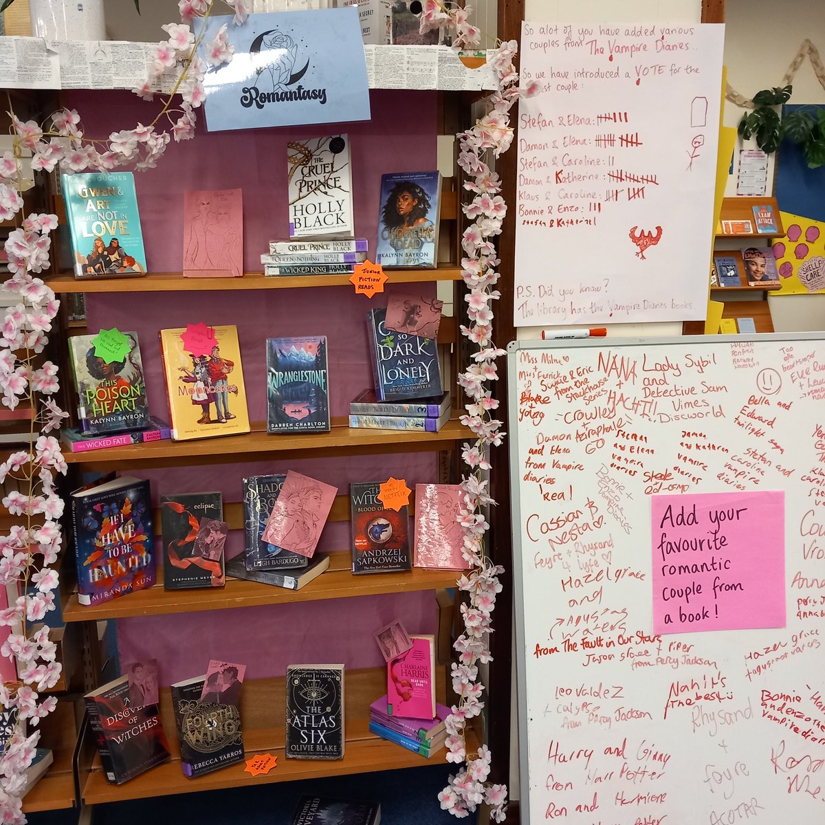 Our Romantasy display was a really popular one! As was the board asking who learners' favourite romantic couple from a book were! 💖

The debate over the The Vampire Diaries by LJ Smith got so out of hand that we had to create a whole separate voting sheet! 🤣

@FraserburghAcad