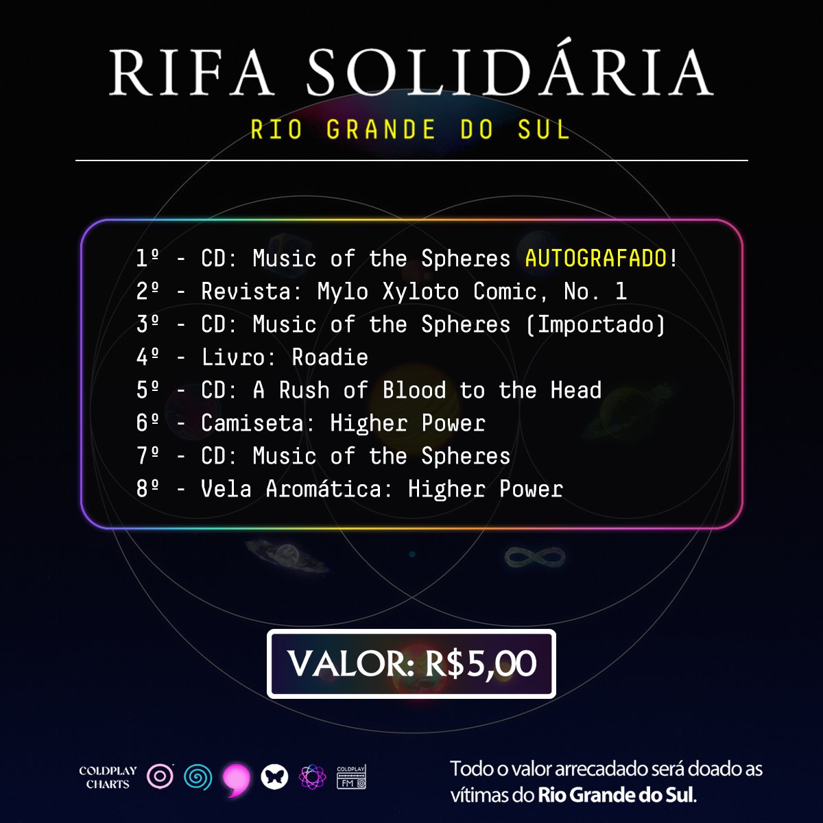 RIFA SOLIDÁRIA - AJUDE O RIO GRANDE DO SUL! Participe em: bit.ly/3VdiYpP Com o objetivo de ajudar as comunidades afetadas pelas enchentes no Rio Grande do Sul, os fã clubes brasileiros do Coldplay se uniram para realizar uma rifa solidária para arrecadar suporte