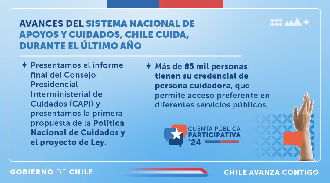 Hoy realizamos nuestra #CuentaPúblicaParticipativa2024. Y aquí destacamos algunos de los importantes avances para la implementación del Sistema Nacional de Apoyos y Cuidados #ChileCuida y de la Política Nacional de Cuidados.