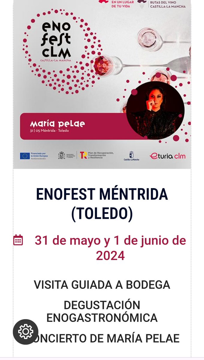 Pronto llega a #Méntrida  #EnofestCLM , festival de la Música y el Vino de CLM, con actuaciones musicales en vivo, degustaciones enogastronómicas y visitas a bodegas 🍇🍷  @turismoclm @AytoMentrida
eventoentradas.es/enofest-mentri… #MaríaPelae  #31mayo #1junio 👇🏻