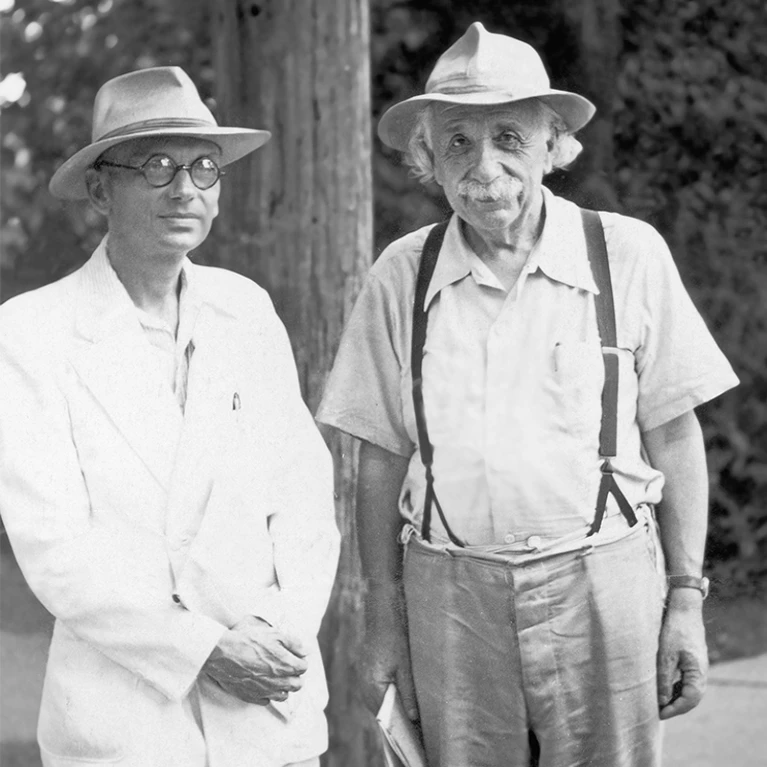 Gödel with Einstein. c. 1950. Einstein was more than a little protective of Gödel & viewed walking home w/ him an honor. 'Einstein confided that his 'own work no longer meant much, that he came to the Institute merely [..to] have the privilege of walking home with Gödel'.'