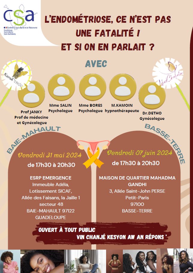 PromoSanteGpe's tweet photo. #endometriose 
La Commission Spécialisée Prévention de la CSA (Conférence de la Santé et de l’Autonomie) et ses partenaires vous convient à 2 tables rondes sur l’endométriose 🎗️
Rendez-vous :  
➡️Baie-Mahault,  🗓️31/05/2024
➡️Basse-Terre,  📅 7/06/2024 
Plus d'info👇 https://t.co/oQCbu12zCL