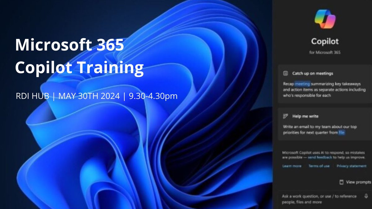💻Workshop: #Microsoft365CoPilot training
⏳Duration: One-day training
📅Date: May 30th
⏰Time: 9.30 - 4.00pm
📌Location: Live online

To register for this course or express interest in future dates, please complete this form bit.ly/3xVjlMB or reach out to @MaeveLyons