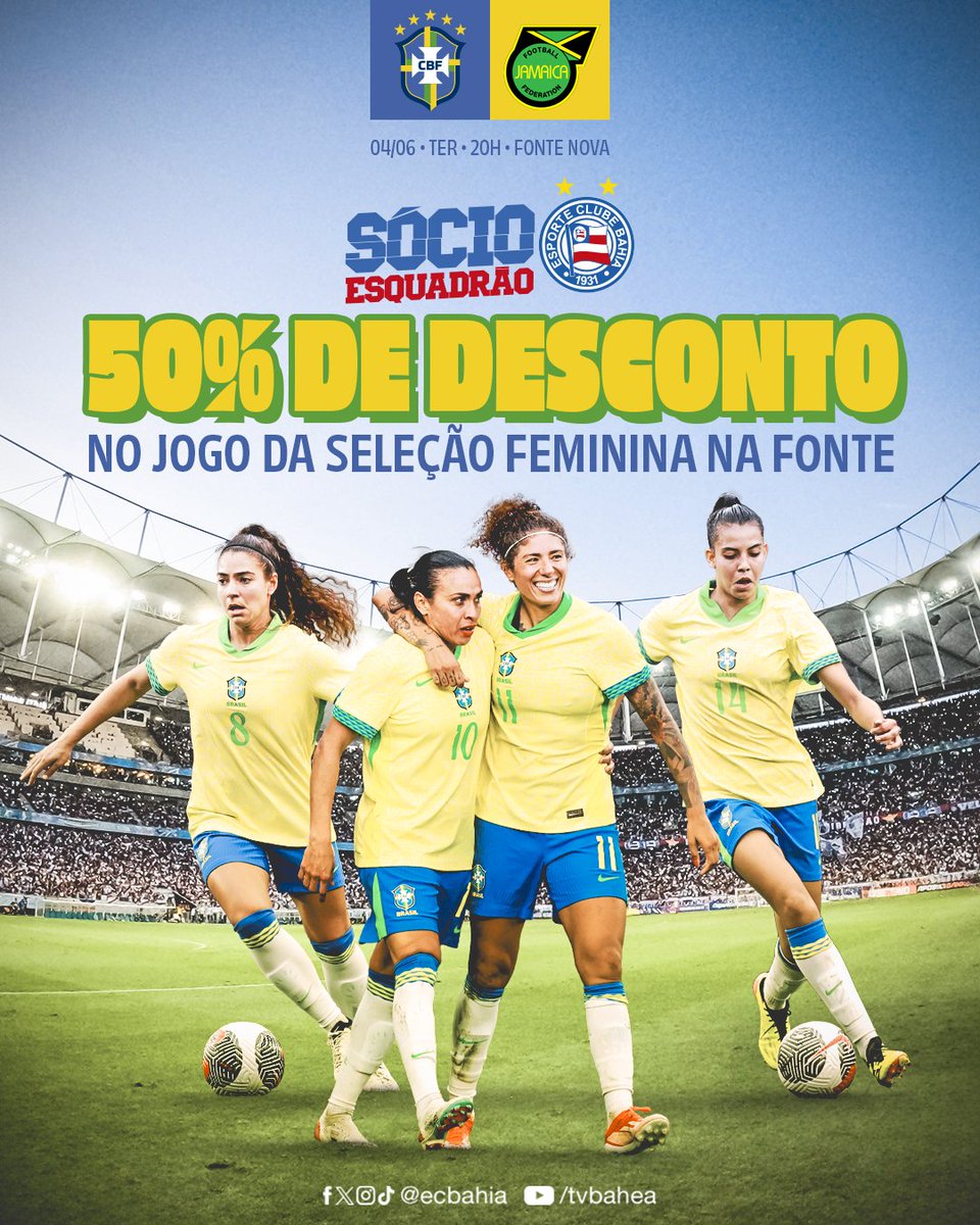 🥳😉 DescontAÇO pro jogo da seleção feminina! Em parceria com a @CBF_Futebol, Sócio Esquadrão poderá pagar meia pra ver Brasil x Jamaica, dia 4 de junho, na Fonte Nova. Em breve todos os detalhes pra Nação Tricolor aproveitar mais esse benefício. #AssociouBrocou