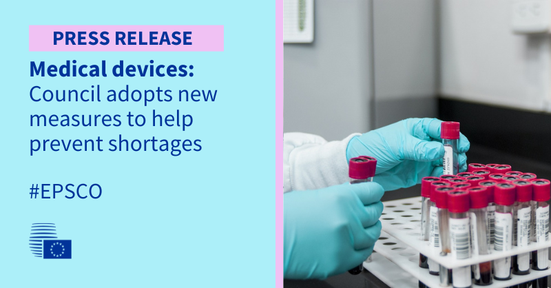 EUCouncilPress's tweet photo. The @EUCouncil has adopted a new law amending the rules on medical devices and #IVDs to help prevent shortages.
Read more 👇