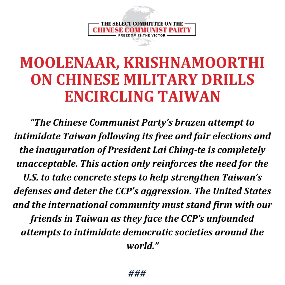 Chairman @RepMoolenaar & Ranking Member @CongressmanRaja joint statement following the Chinese military drills encircling Taiwan. ⬇️