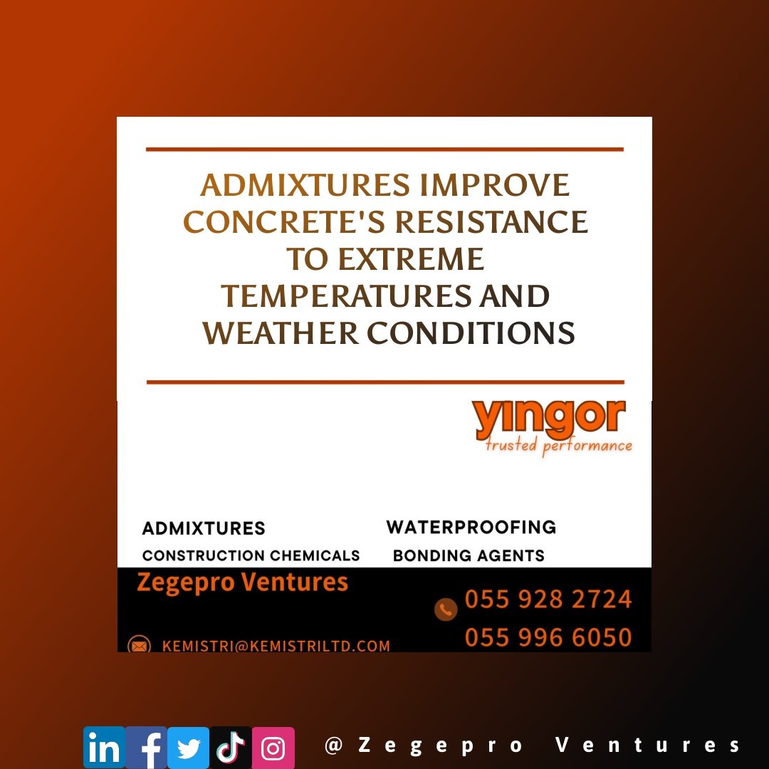 Admixtures improve concretes resistance to extreme temperatures and weather conditions. Dealers in construction materials and waterproofing chemicals. Contact us on 0559282724/0559966050 #betterconcrete #fypシ゚viral #fypシ゚ #waterproofing #constructionghana #concreteadmixture