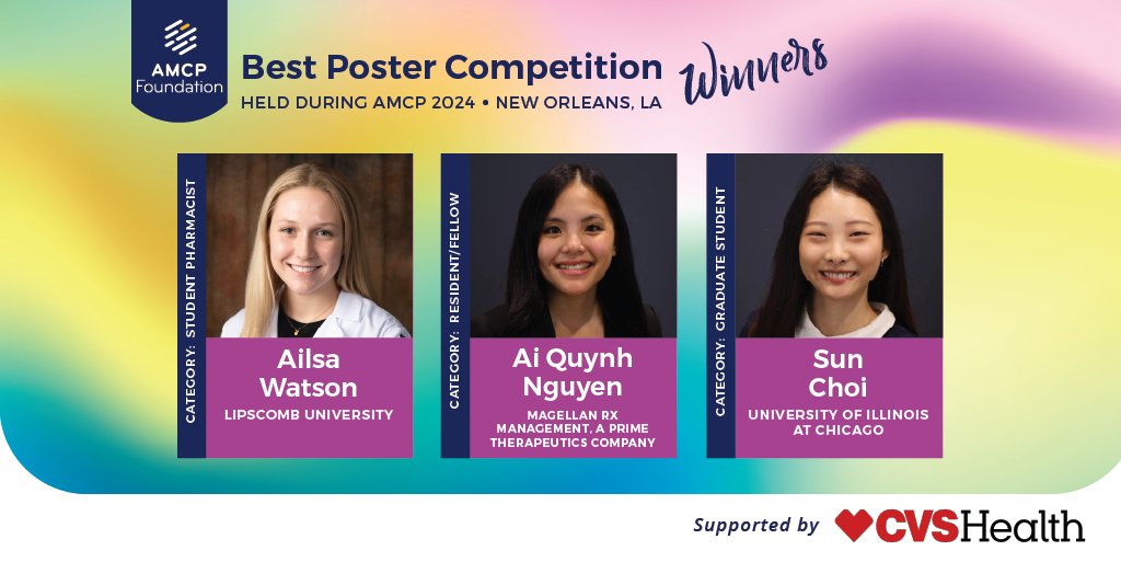 AMCP (@amcporg) on Twitter photo Congratulations to our #AMCPFdn Best Poster Competition recipients: Alisa Watson of <a href="/LipscombPharmD/">Lipscomb College of Pharmacy</a>, Ai Quynh Nguyen of @Magellan_Rx & Sun Choi of <a href="/thisisUIC/">University of Illinois Chicago</a> College of Pharmacy. A special thank you to <a href="/CVSHealth/">CVS Health</a> for supporting this year! Learn more: bit.ly/44SOL2v Congratulations to our #AMCPFdn Best Poster Competition recipients: Alisa Watson of <a href="/LipscombPharmD/">Lipscomb College of Pharmacy</a>, Ai Quynh Nguyen of @Magellan_Rx & Sun Choi of <a href="/thisisUIC/">University of Illinois Chicago</a> College of Pharmacy. A special thank you to <a href="/CVSHealth/">CVS Health</a> for supporting this year! Learn more: bit.ly/44SOL2v