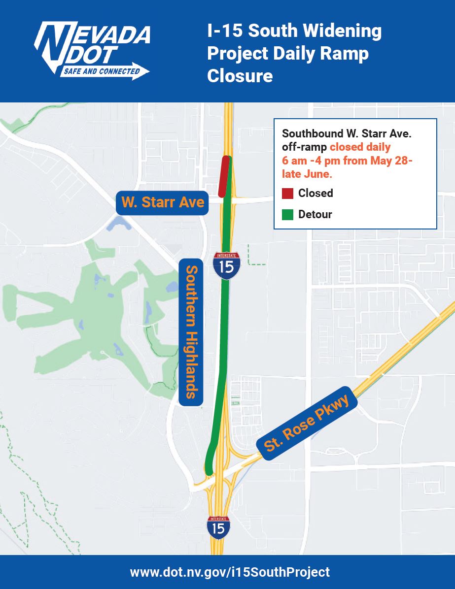 Plan ahead! Beginning tomorrow, Tuesday, May 28, through late June, daily from 6:00 a.m. to 4:00 p.m., the West Starr Ave SB off-ramp will be closed. Drivers will be detoured to St. Rose Pkwy. 🚧 More info here: dot.nv.gov/Home/Component…