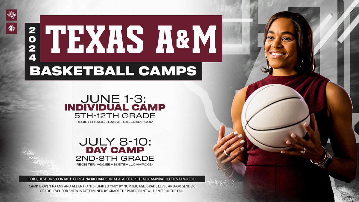 🚨CAMP REMINDER🚨

Camp season is right around the corner so sign up quick! If you need more info, email AggieBasketballCamp@athletics.tamu.edu 👍

#GigEm | #TOUGH