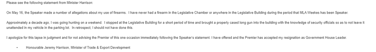 AlexanderQuon's tweet photo. NEW: Jeremy Harrison resigns as government house leader. Confirms he brought a "properly cased long gun" to the provincial legislature. https://t.co/fmvA01kAbo