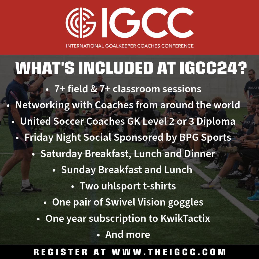 IntlGkCoaches's tweet photo. Here’s the list of what’s included for #IGCC24!! You will be leaving the weekend over flowing with goalkeeping education and more!!

Haven’t signed up yet? Don’t miss your chance. Register soon to save your spot!
https://t.co/DvLReXxQyR
#gkunion #goalkeeper #coach https://t.co/cSlCUljnde