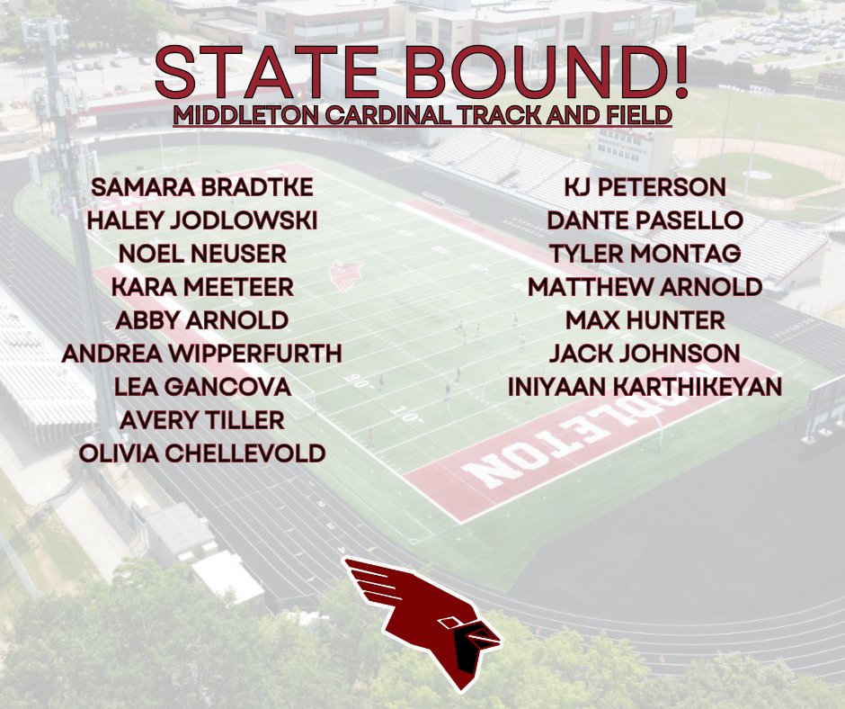 Middleton Track and Field is excited to have 16 athletes in 8 events moving on to the WIAA D1 State Track and Field Championships (5/31-6/01) in La Crosse, WI.  Help us in congratulating the following athletes: