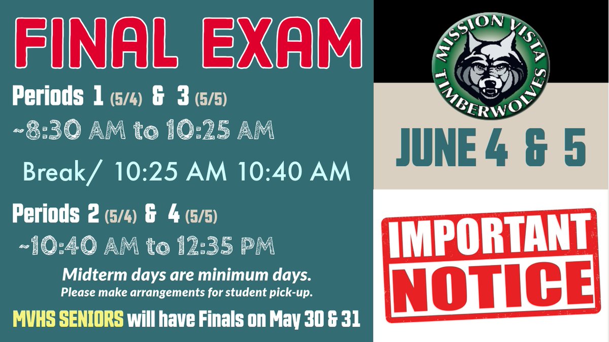 As a Reminder, FINAL EXAMS at MVHS are a bit different at the end of the year!
🎓Seniors will take their Final Exams on Thursday, May 30th and Friday, May 31st.
🐺Juniors-Sophomores-Freshman will have their Final Exams on June 4th and 5th.