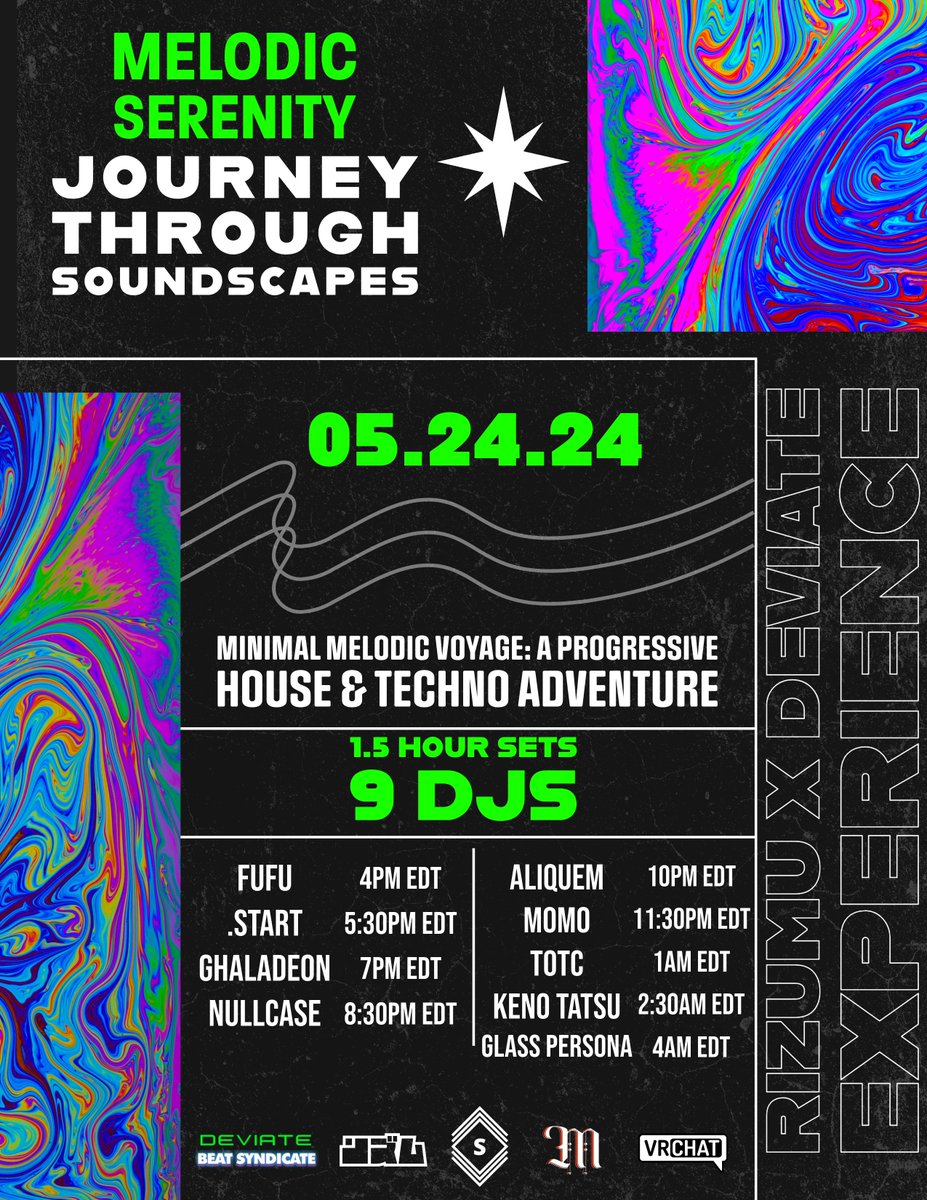 In just a few hours, @beat_syn, @rizumuvr, @simplicityvr , and @MinistryPromoVR are opening up the doors to #DeviateVRC for an all-night progressive journey!