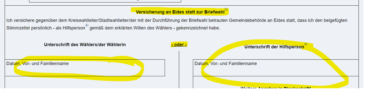 Wahlschein unterschreiben - genauer gesagt die eidesstattl. Versicherung. Keine Unterschrift - Wahlbrief und entsprechend der Stimmzettelumschlag werden nicht zugelassen.
Stimmzettel NICHT unterschreiben (sonst ungültig).