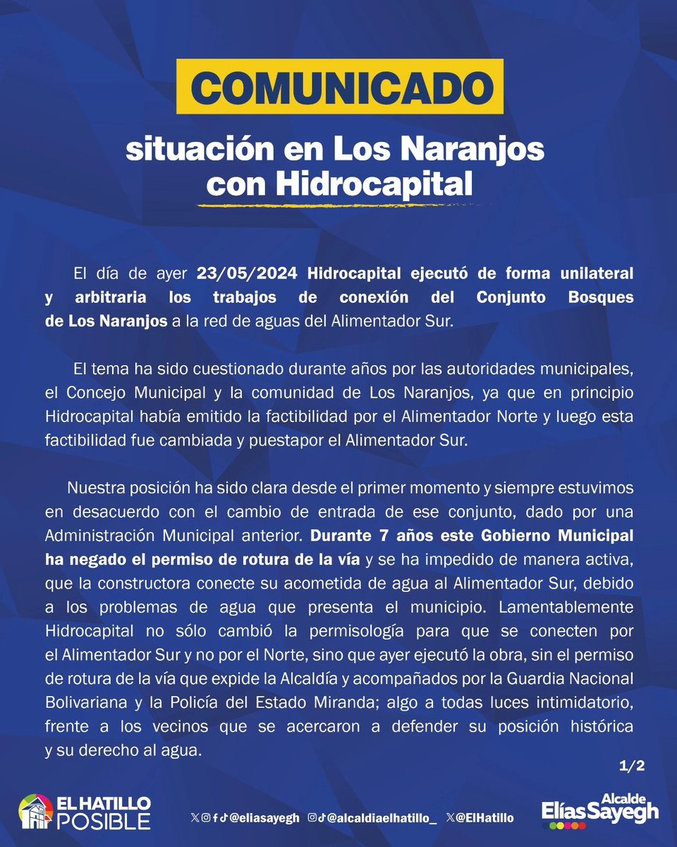 ElHatillo's tweet photo. Comunicado de la Alcaldía ante situación en #LosNaranjos con @HidroCapital2 https://t.co/DQC8f7rZFg