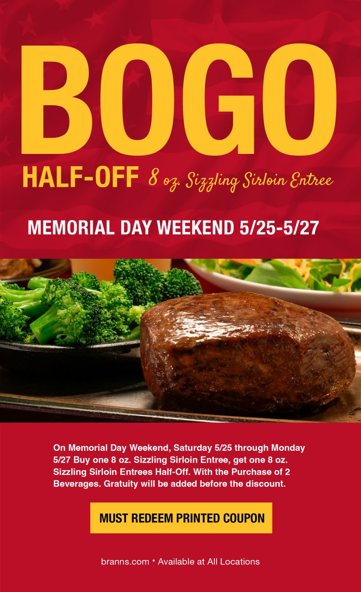 Memorial Day Weekend Special: BOGO Half-Off 8 oz. Sizzler Saturday through Monday. Get your coupon here: bit.ly/3N28Mdk