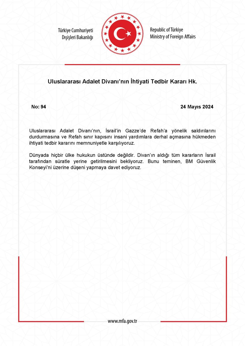 Uluslararası Adalet Divanı’nın İhtiyati Tedbir Kararı Hk. mfa.gov.tr/no_-94_-ulusla…