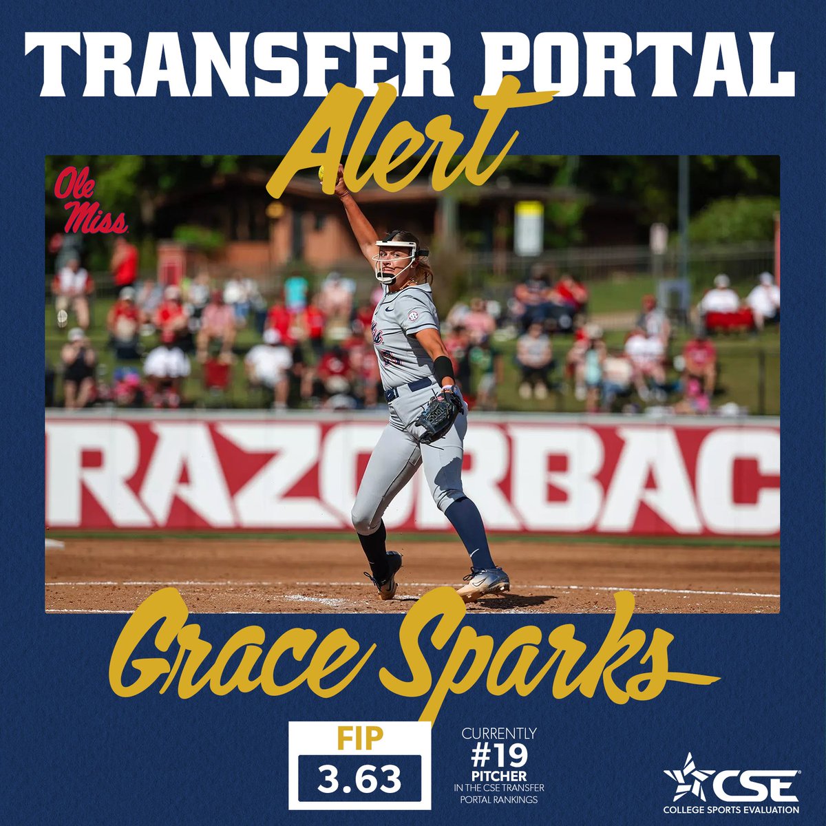 Former Ole Miss ace Grace Sparks is currently the #19 pitcher in the CSE Transfer Portal Rankings 2.14 ERA | 56 K's | 1.319 WHIP Check out more of Grace's stats and rankings ⬇️ app.cseval.com/transfer-porta… @graceelizsparks