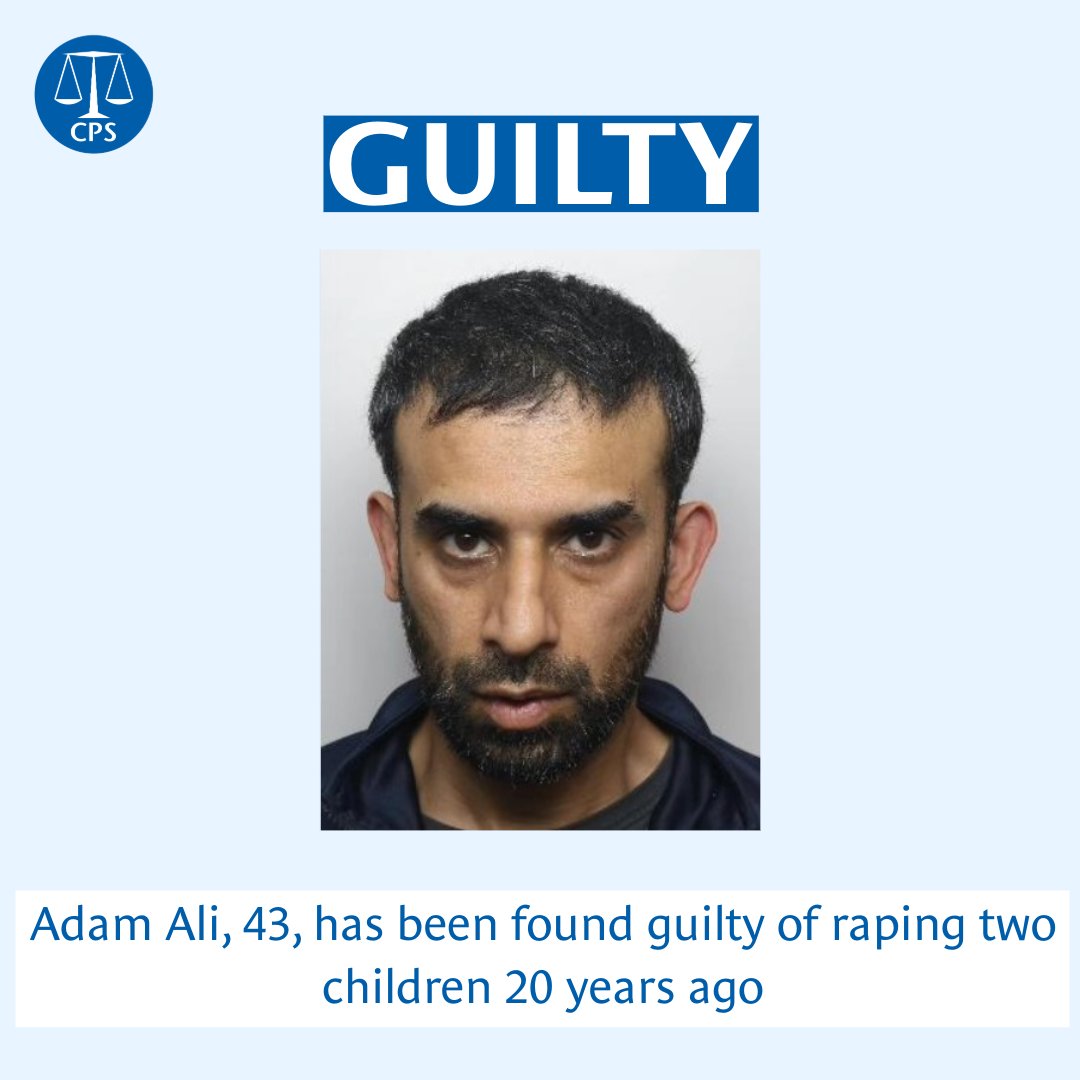 ⚖️ Former taxi driver, Adam Ali, 43, has been convicted for raping two young girls in Rotherham during the early 2000s. The CPS prosecuted Ali following an investigation by @NCA_UK as part of Operation Stovewood. 📰 cps.gov.uk/cps/news/opera…