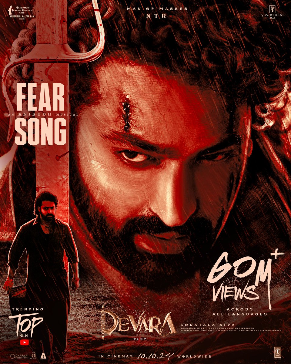 #DEVARA’s MASS-tery on full display 🔥 #FearSong floods to 60 MILLION+ VIEWS and rocking ahead at an excellent pace ❤️‍🔥 ▶️ youtube.com/watch?v=CKpbdC… An @anirudhofficial Musical 🎶 Man of Masses @tarak9999 #KoratalaSiva @SantoshVenky @RamjoWrites @VishnuEdavan1 @ManojMuntashir