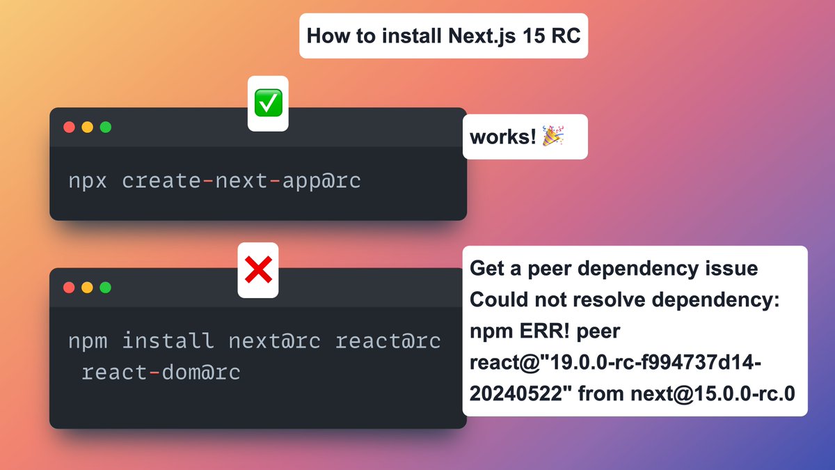 💡Quick tip for those wanting to try @nextjs 15 RC: I couldn't manually install next@rc react@rc and react-dom@rc dependancies (like the docs say), gave me a peer dependency issue. But using npx create-next-app@rc works!🎉 If you want to try out @nextjs 15, follow this 👇