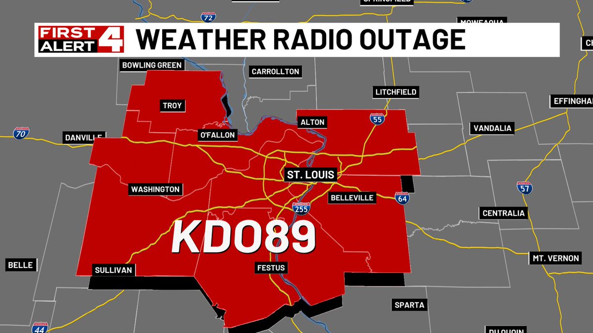 The areas in red are experiencing a NOAA Weather Radio outage. The National Weather Service says techs are working on the problem. This is a good reminder to have multiple ways of receiving warnings. The KMOV Weather App &amp; TV are options. #4FirstAlert #mowx #ilwx #stlwx