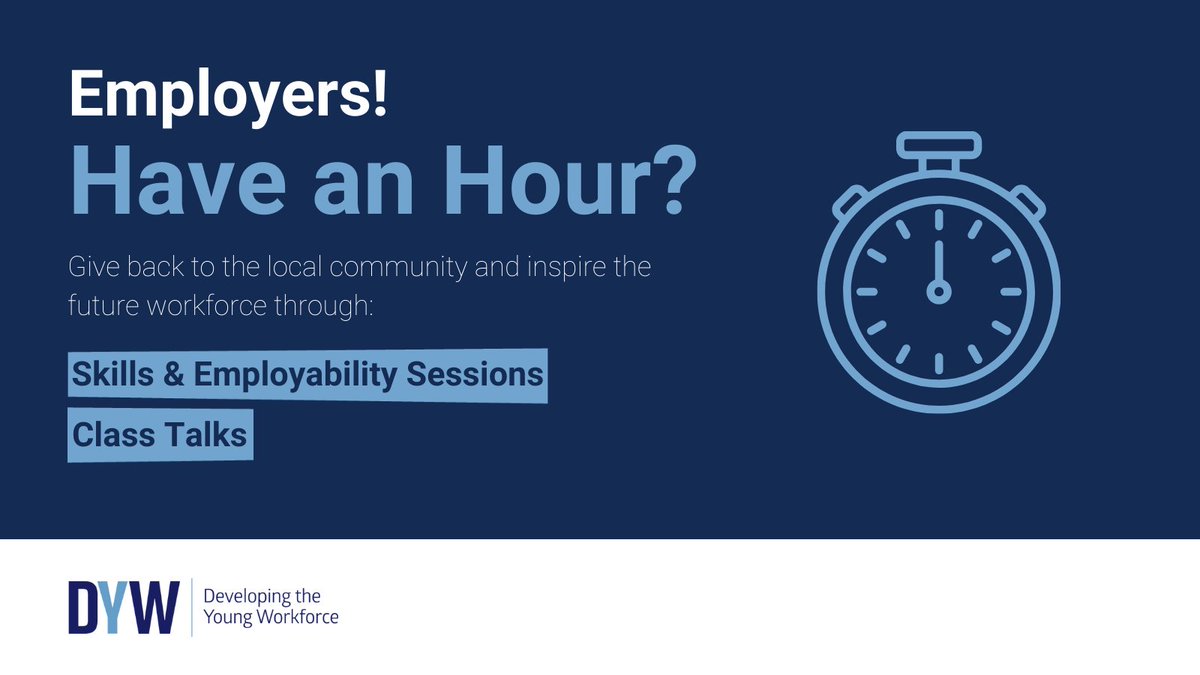 One hour of DYW activity can have a lasting impact on young people. 

Positively impact the future of both young people in Scotland and your industry or organisation through DYW.

Learn more and get involved: dyw.scot 

#ConnectingEmployers #DYWScot #PowerOfAnHour