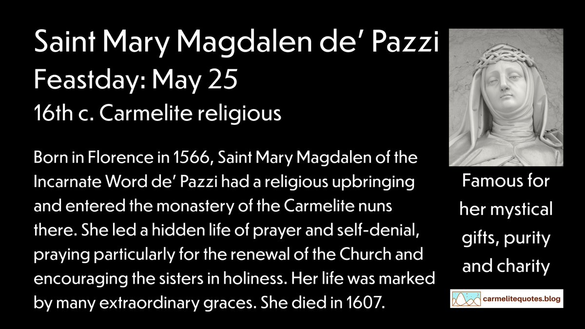 🙏 Join us to celebrate the feast day of St. Mary Magdalene de Pazzi! This 16th-century Carmelite mystic prayed fervently for Church renewal. Discover all the special breviary prayers on our blog: carmelitequotes.blog/?utm_source=tw… 🌿📖 #FeastDay #CarmelitePrayers @RosaryMum @jshocds