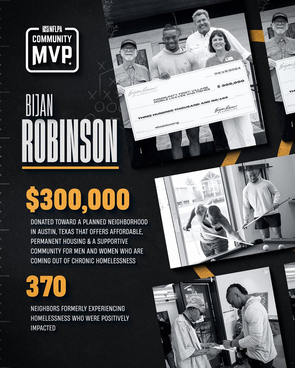 NFLPA's tweet photo. Atlanta Falcons running back Bijan Robinson donated $300,000 to Mobile Loaves &amp; Fishes to support Community First! Village in Austin, Texas. This helps provide housing and support for those formerly experiencing homelessness. 👏 #CommunityMVP https://t.co/euys8e3uFU