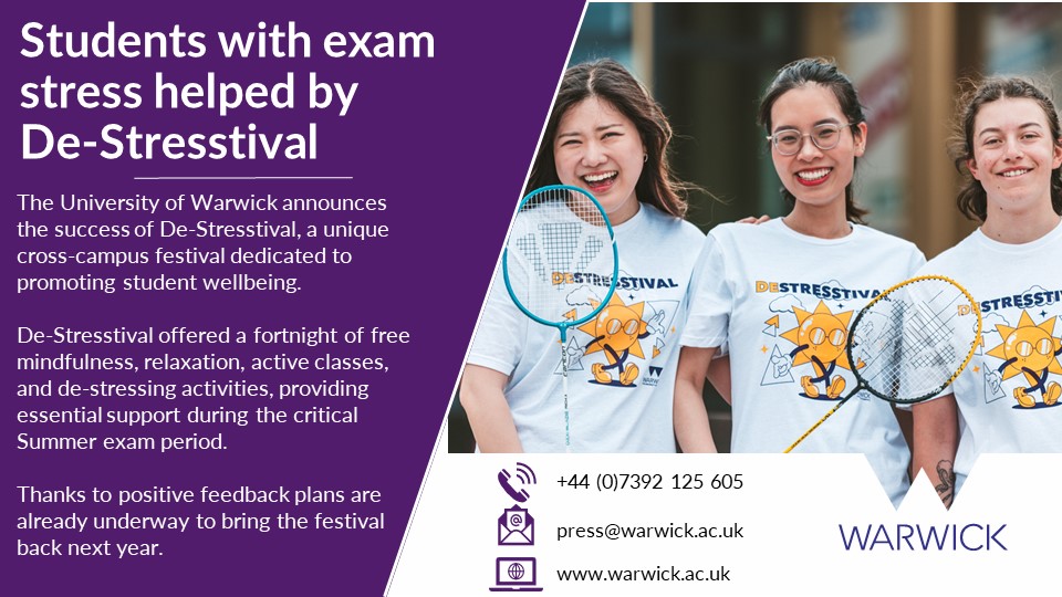 Warwick Newsroom (@warwicknewsroom) on Twitter photo π°PRESS RELEASE: <a href="/uniofwarwick/">University of Warwick</a> first De-Stresstival sees over 1000 students helped during exam period
De-Stresstival offered a fortnight of free wellbeing activities, providing essential support during the Summer exam period.
warwick.ac.uk/newsandevents/β¦
<a href="/warwicksport/">Warwick Sport</a> π°PRESS RELEASE: <a href="/uniofwarwick/">University of Warwick</a> first De-Stresstival sees over 1000 students helped during exam period
De-Stresstival offered a fortnight of free wellbeing activities, providing essential support during the Summer exam period.
warwick.ac.uk/newsandevents/β¦
<a href="/warwicksport/">Warwick Sport</a>