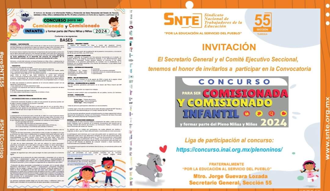 #preSNTE55
#JGL

El Mtro. Jorge Guevara Lozada, Secretario General de la Sección 55 y Comité Ejecutivo Seccional, invitan a participar en la siguiente convocatoria.

Registrar tu participación al concurso: concurso.inai.org.mx/plenoninos/